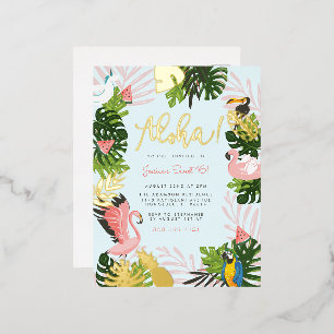 Blue   Aloha Hawaii Tropical Gold Birthday Party Foil Invitation Postcard