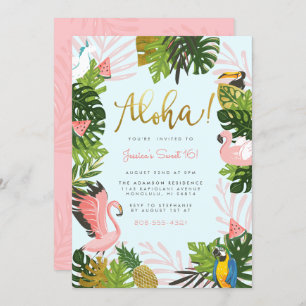 Blue   Aloha Hawaii Tropical Gold Birthday Party Invitation