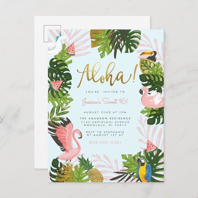 Blue | Aloha Hawaii Tropical Gold Birthday Party Invitation Postcard (Front/Back)