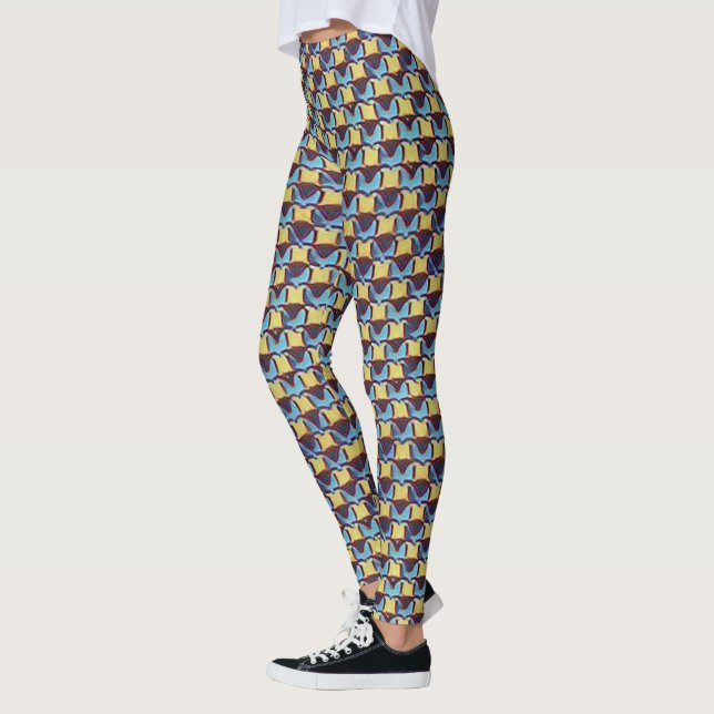 Blue & Amber Abstract Geometric Grid Pattern 1310 Leggings (Left)
