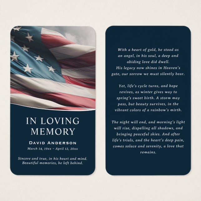 Blue American Flag Memorial Prayer Cards (Front & Back)