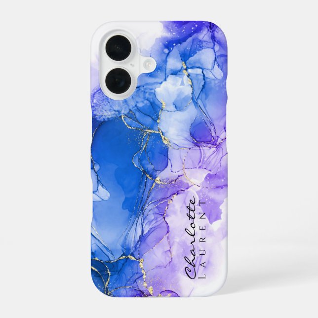 Blue Amethyst Gold Alcohol Ink Customisable  iPhone 16 Case (Back)