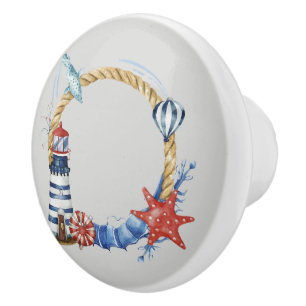 Blue Anchor and Seashells on Turquoise Ceramic Knob