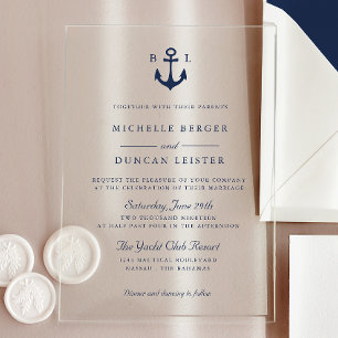 Blue Anchor Classic Nautical MONOGRAM Wedding Acrylic Invitations