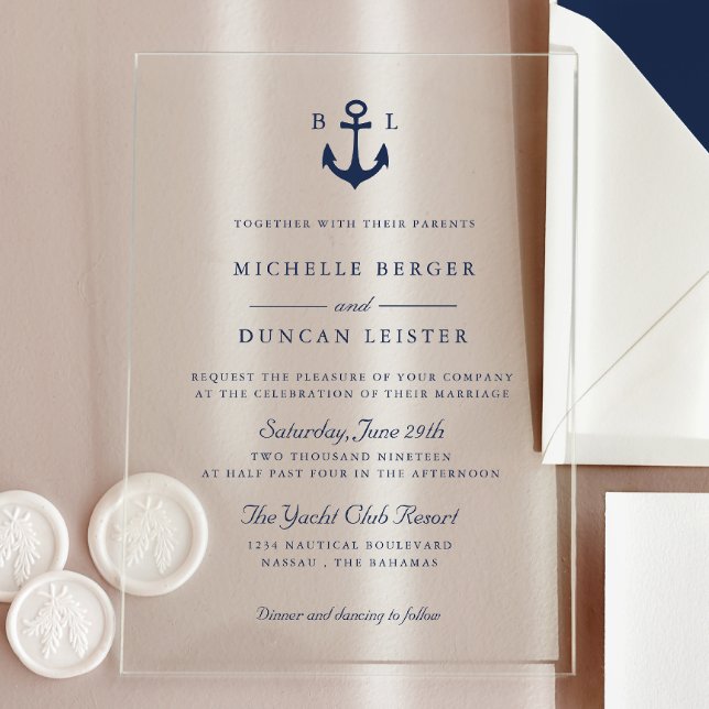 Blue Anchor Classic Nautical MONOGRAM Wedding Acrylic Invitations (Creator Uploaded)