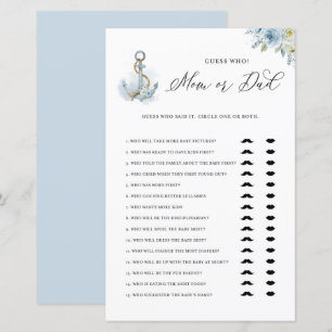 Blue Anchor Mum or Dad Baby Shower Game Card