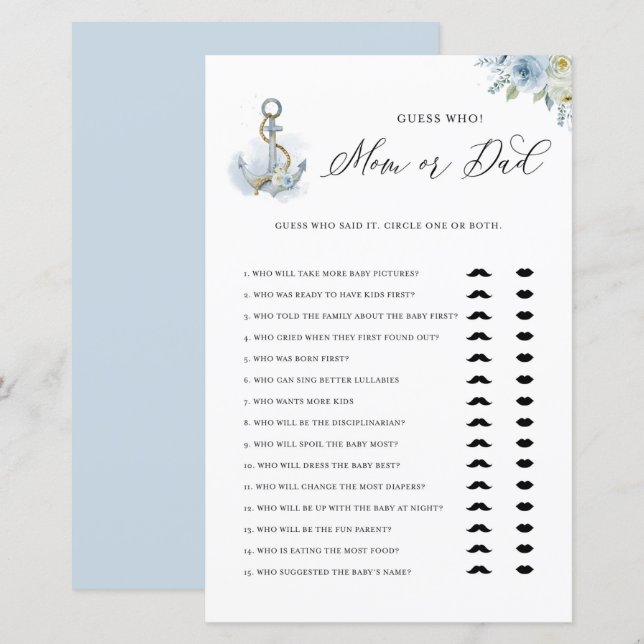 Blue Anchor Mum or Dad Baby Shower Game Card (Front/Back)
