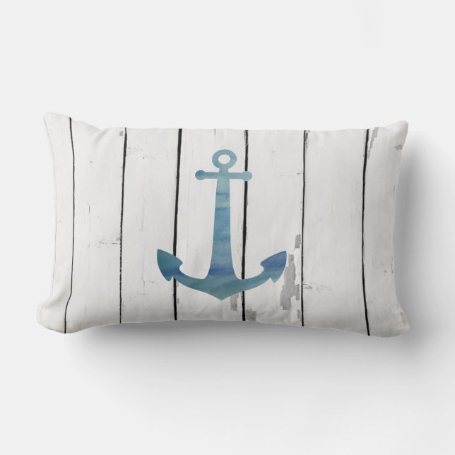 Blue Anchor Nautical Shiplap Rustic Beach Decor Lumbar Cushion (Front)