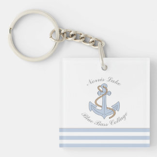 Blue Anchor Nautical Stripes Lake Beach House Name Key Ring