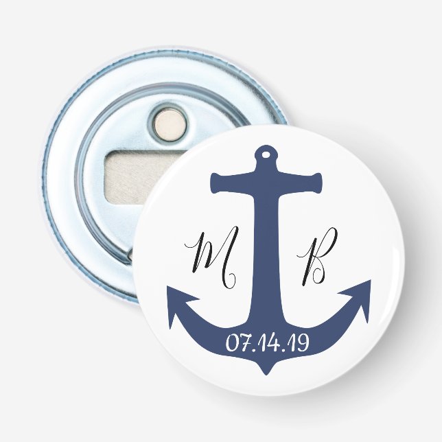 Blue Anchor Nautical Wedding Initials and Date Bottle Opener (Front)