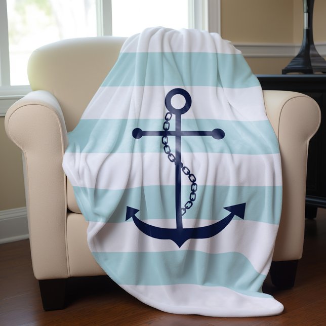 Blue Anchor on Mint Stripes Fleece Blanket (Creator Uploaded)