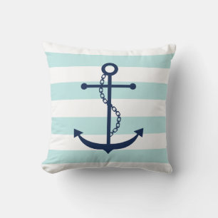 Blue Anchor on Mint Stripes Pattern Cushion