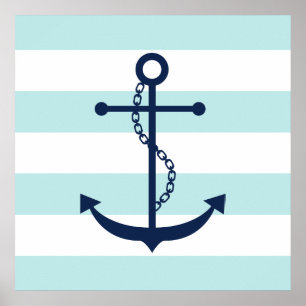 Blue Anchor on Mint Stripes Poster