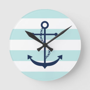 Blue Anchor on Mint Stripes Round Clock