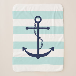 Blue Anchor on Mint Stripes Sherpa Blanket