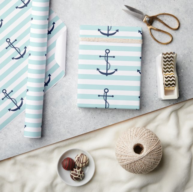 Blue Anchor on Mint Stripes Wrapping Paper (Crafts)