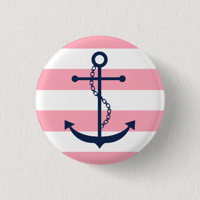 Blue Anchor on Pink Stripes 3 Cm Round Badge (Front)