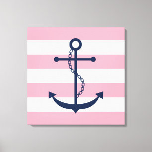 Blue Anchor on Pink Stripes Canvas Print