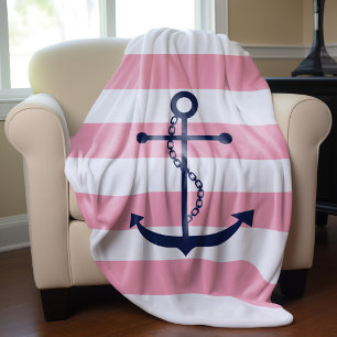 Blue Anchor on Pink Stripes Fleece Blanket
