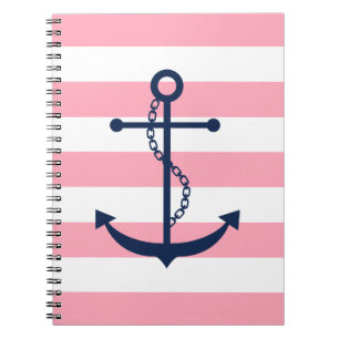 Blue Anchor on Pink Stripes Pattern Notebook