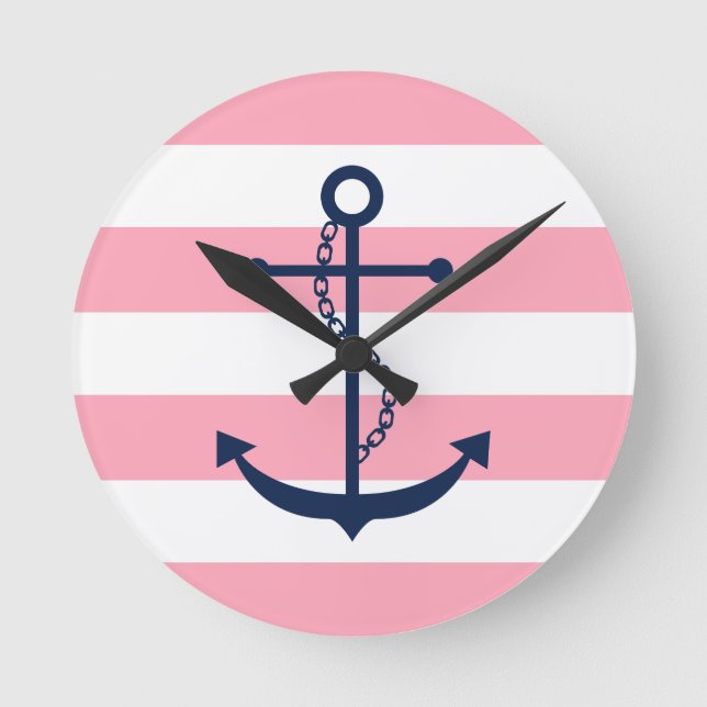 Blue Anchor on Pink Stripes Round Clock (Front)