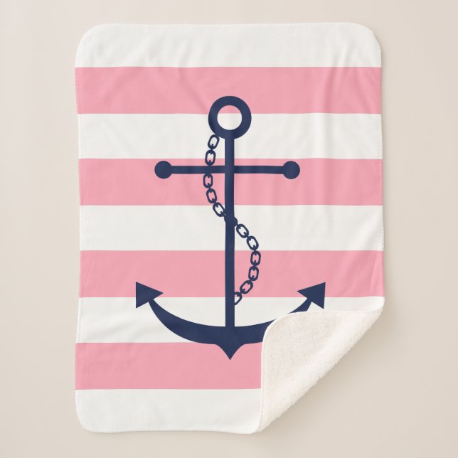 Blue Anchor on Pink Stripes Sherpa Blanket (Front)