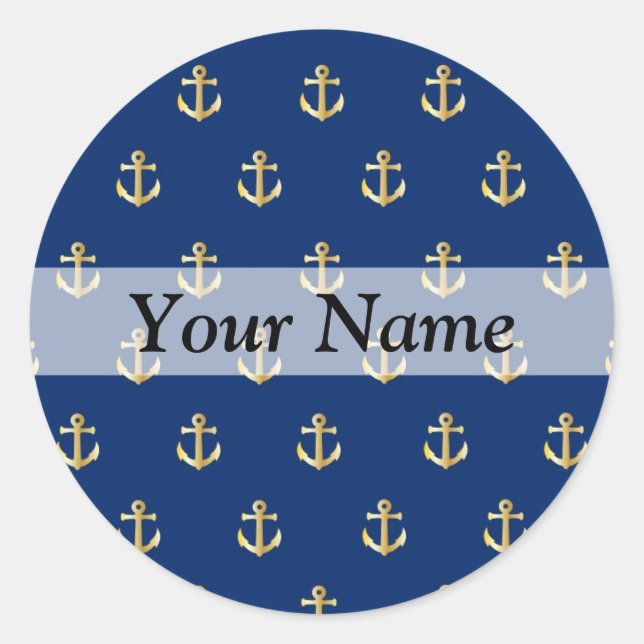 Blue anchor pattern classic round sticker (Front)