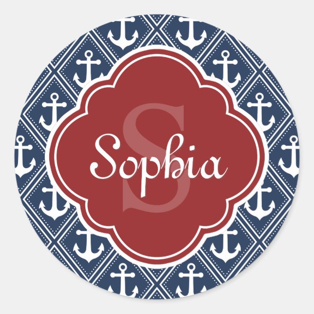 Blue Anchor Pattern Red Monogram Classic Round Sticker (Front)