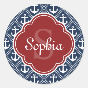 Blue Anchor Pattern Red Monogram Classic Round Sticker