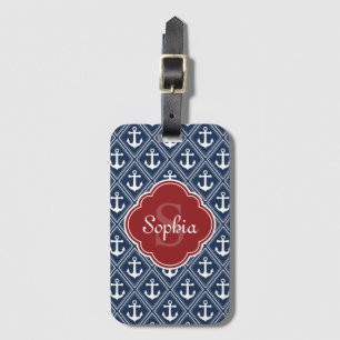 Blue Anchor Pattern Red Monogram Luggage Tag