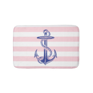 Blue Anchor Pink White Stripes Bath Rug