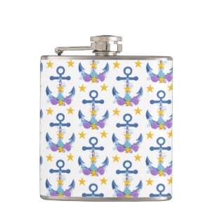 Blue Anchor Purple Seashells Yellow Starfish Hip Flask