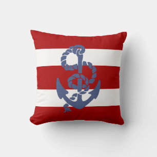 Blue Anchor Red And White Striped Background Cushion