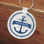 Blue anchor rope border boat name keys driftwood Key Ring<br><div class="desc">Keychain for your boat keys featuring a dark blue nautical anchor surrounded by a rope border on a light gray driftwood background. Across the anchor is a blue ribbon with a template field for your boat's name. Dark blue back.</div>