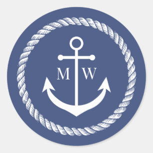 Blue Anchor & Rope Monogram Classic Round Sticker