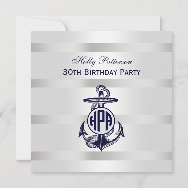 Blue Anchor Silver White Navy Circle Monogram 33 Invitation (Front)