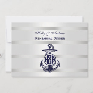 Blue Anchor Silver White Navy Circle Monogram 33 Invitation