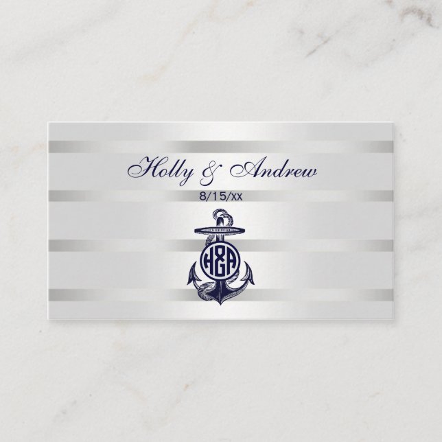 Blue Anchor Silver White Navy Circle Monogram 33 Place Card (Front)