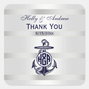 Blue Anchor Silver White Navy Circle Monogram 33 Square Sticker