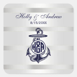 Blue Anchor Silver White Navy Circle Monogram 33 Square Sticker