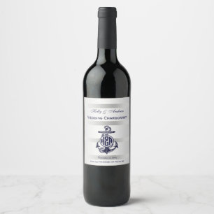 Blue Anchor Silver White Navy Circle Monogram 33 Wine Label