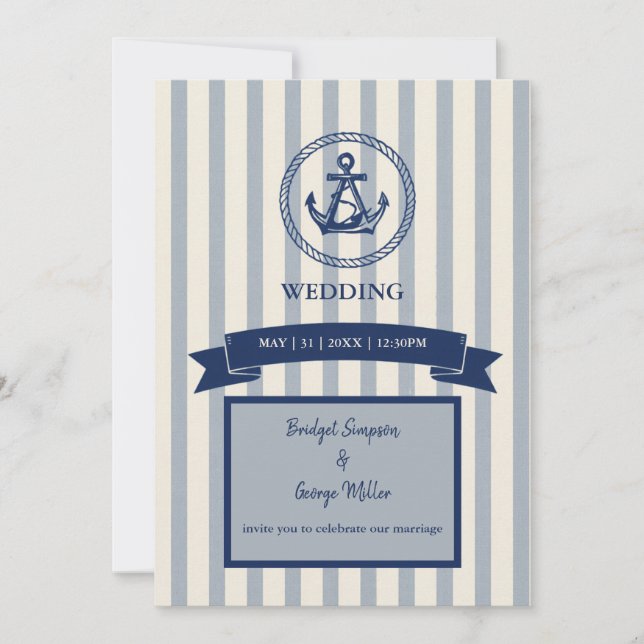 blue Anchor Stripe Maritime Destination Wedding  Invitation (Front)