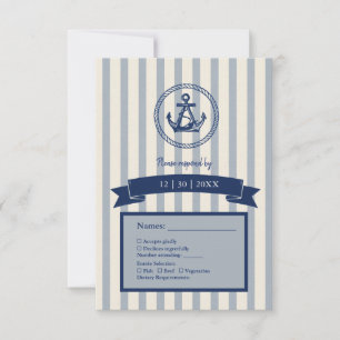 blue Anchor Stripe Maritime Destination Wedding RSVP Card