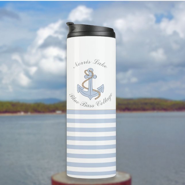 Blue Anchor Stripes Nautical Lake Beach House Name Thermal Tumbler (Creator Uploaded)