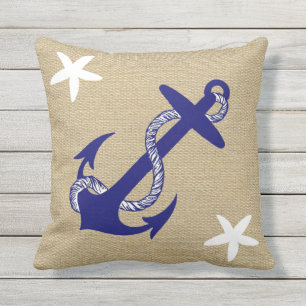 Blue Anchor & White Starfish Nautical "Burlap" Outdoor Cushion