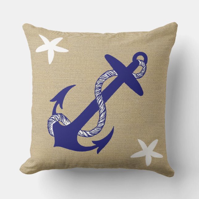 Blue Anchor & White Starfish Nautical "Burlap" Outdoor Cushion (Front)