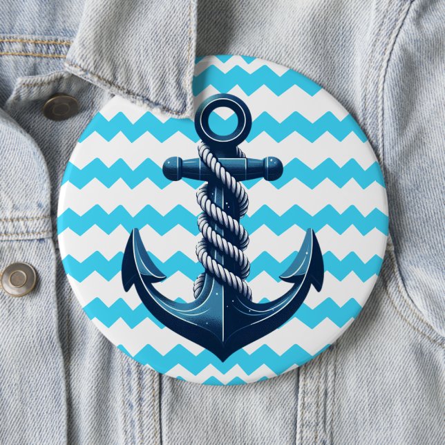 Blue anchor with blue waves 6 cm round badge (In Situ)
