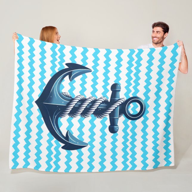 Blue anchor with blue waves fleece blanket (In Situ)
