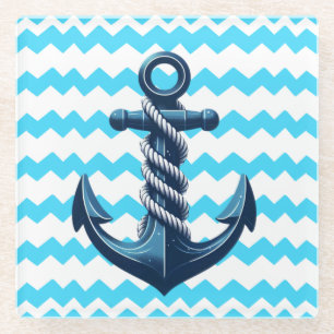 Blue anchor with blue waves glass coaster