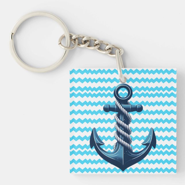 Blue anchor with blue waves key ring (Front)
